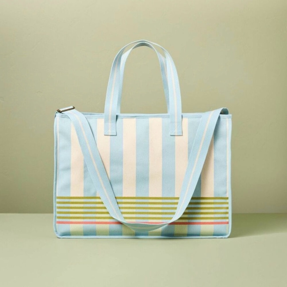 Cross Stripe Carry-All Tote Blue/Green/Natural Hearth & Hand with Magnolia - Picture 2 of 3